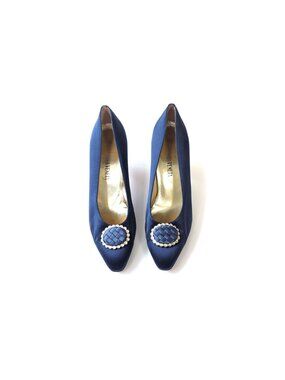 Vintage Bottega Veneta Pumps Blue Satin Intreccio Bow Crystal Heels Size 10